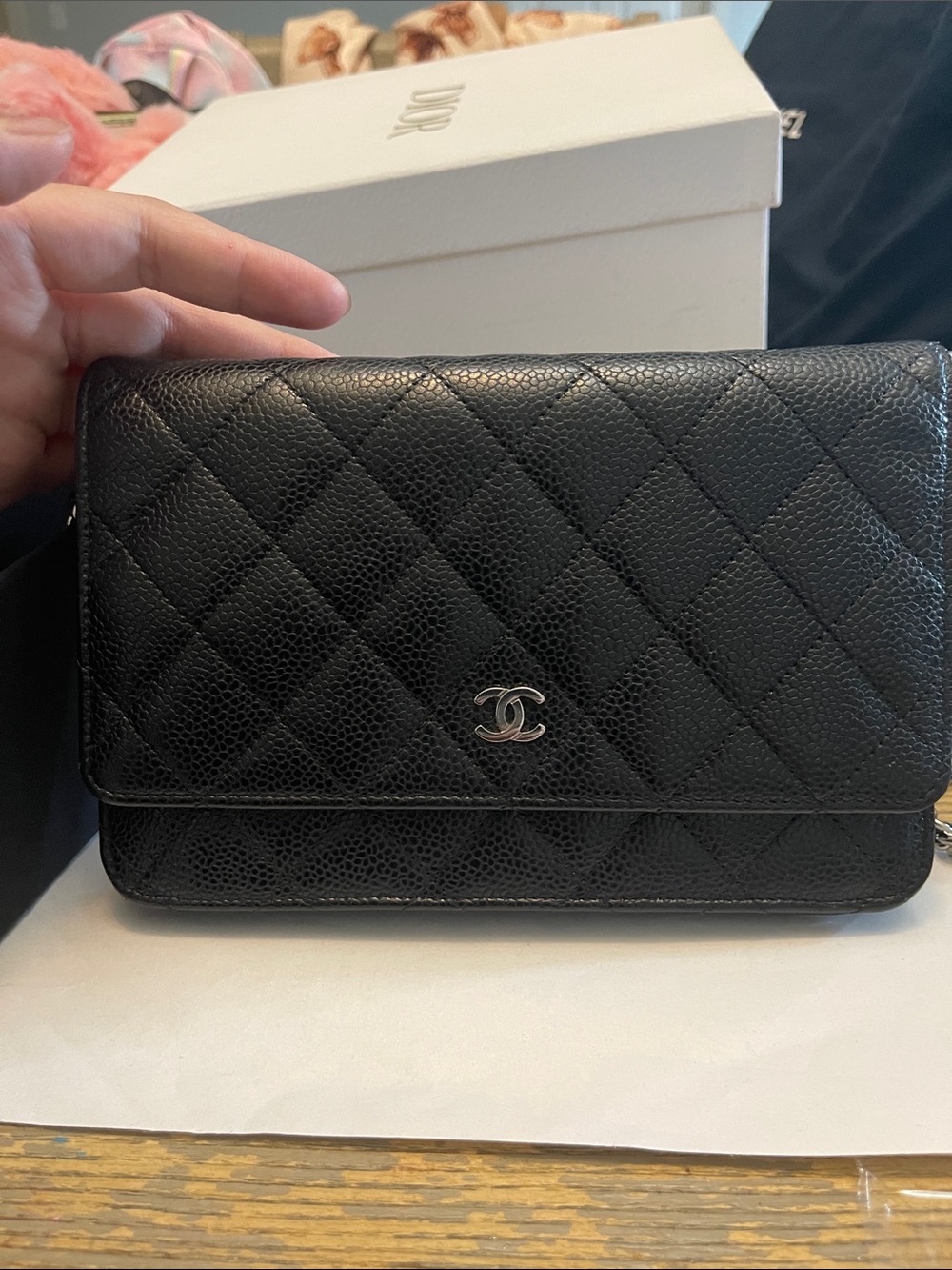 CHANEL Black Quilted Caviar Leather Wallet on Chain with Silver CC